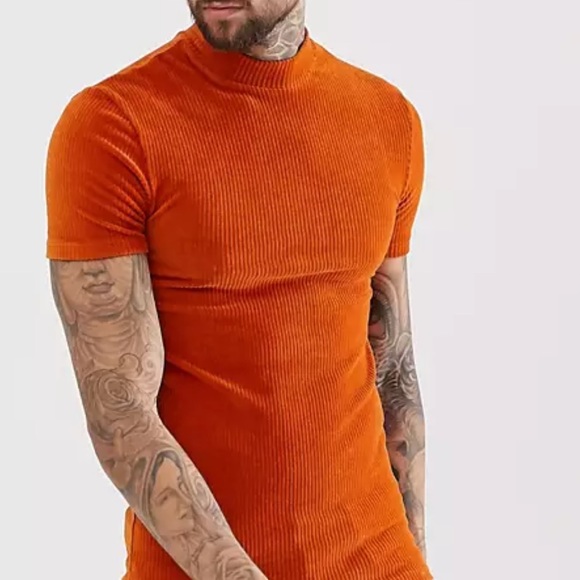 ASOS DESIGN t-shirt with stretch turtle neck in ribbed velour cord in rust - Picture 3 of 3